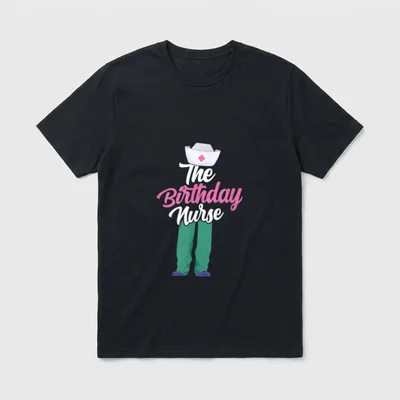 The Birthday Nurse T-Shirt – White nurse cap over stacked lettering and green scrub pants – Classic T-Shirt in Black