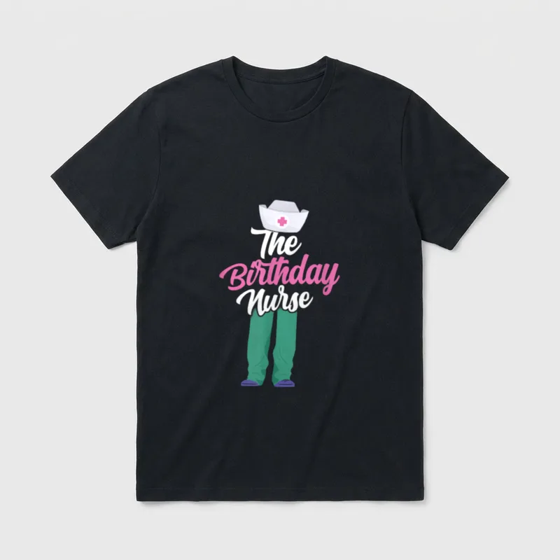 The Birthday Nurse T-Shirt – White nurse cap over stacked lettering and green scrub pants – Classic T-Shirt in Black