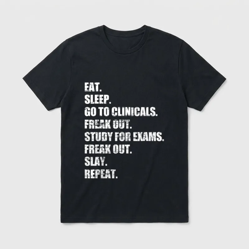 Funny Nurses Sleep T-Shirt – Distressed lettering reading eat sleep clinicals study slay repeat – Classic T-Shirt in Black