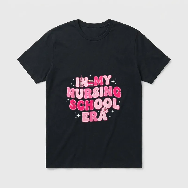 In My Nursing School Era Nursing-Sk T-Shirt – “IN MY NURSING SCHOOL ERA” in pink bubble letters – Classic T-Shirt in Black