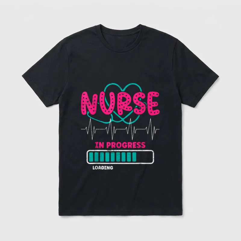 Nurse in Progress T-Shirt – NURSE, IN PROGRESS, and LOADING around an EKG pulse – Classic T-Shirt in Black