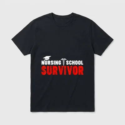 Nursing School Survivor Graduate T-Shirt – Nursing School Survivor with caduceus and mortarboard – Classic T-Shirt in Black