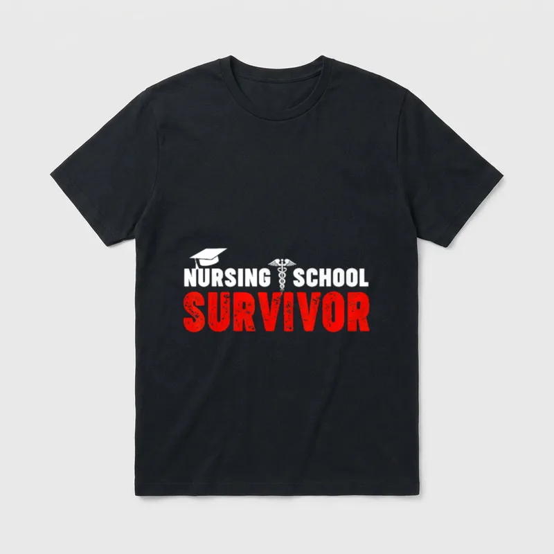 Nursing School Survivor Graduate T-Shirt – Nursing School Survivor with caduceus and mortarboard – Classic T-Shirt in Black