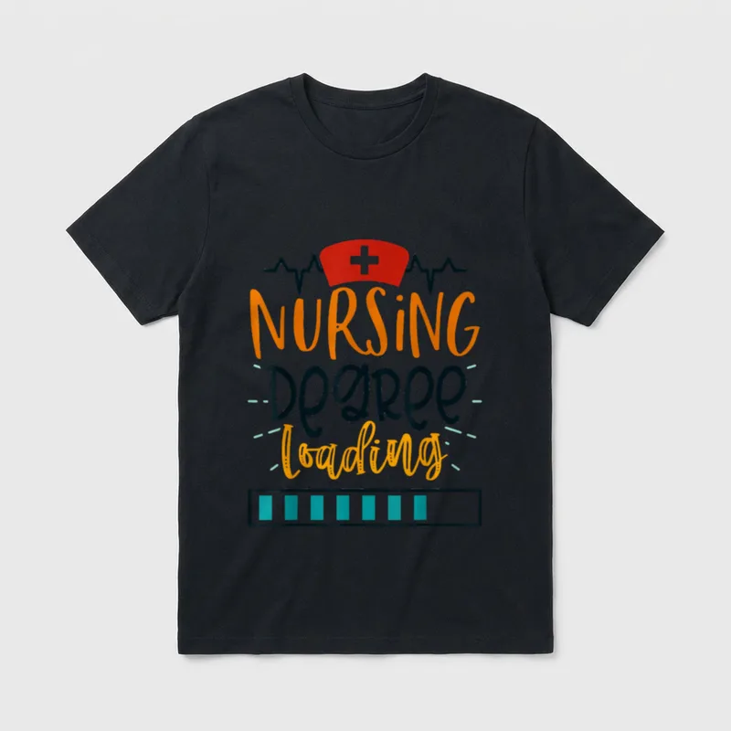 Nursing Degree Loading T-Shirt – Red nurse cap, heartbeat line, and progress loading bar graphic – Classic T-Shirt in Black