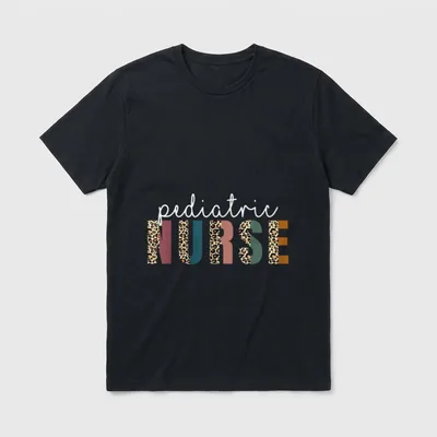 Leopard Pediatric Nurse T-Shirt – pediatric NURSE in script and split leopard block letters – Classic T-Shirt in Black