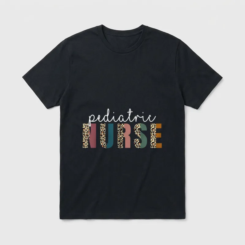 Leopard Pediatric Nurse T-Shirt – pediatric NURSE in script and split leopard block letters – Classic T-Shirt in Black