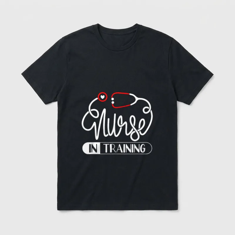 Nurse in Training Student T-Shirt – Nurse IN TRAINING lettering with stethoscope and heart graphic – Classic T-Shirt in Black