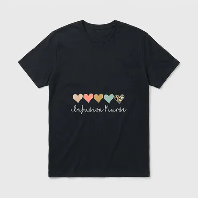 Infusion Nurse T-Shirt – Five hearts with leopard pattern above cursive Infusion Nurse text – Classic T-Shirt in Black