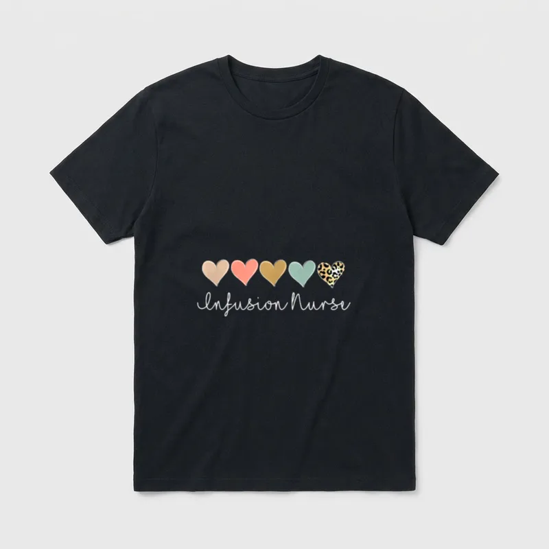 Infusion Nurse T-Shirt – Five hearts with leopard pattern above cursive Infusion Nurse text – Classic T-Shirt in Black