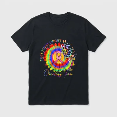 Oncology Team Tie Dye Nurse T-Shirt – Tie-dye sunflower, pink ribbon, and fluttering butterflies – Classic T-Shirt in Black