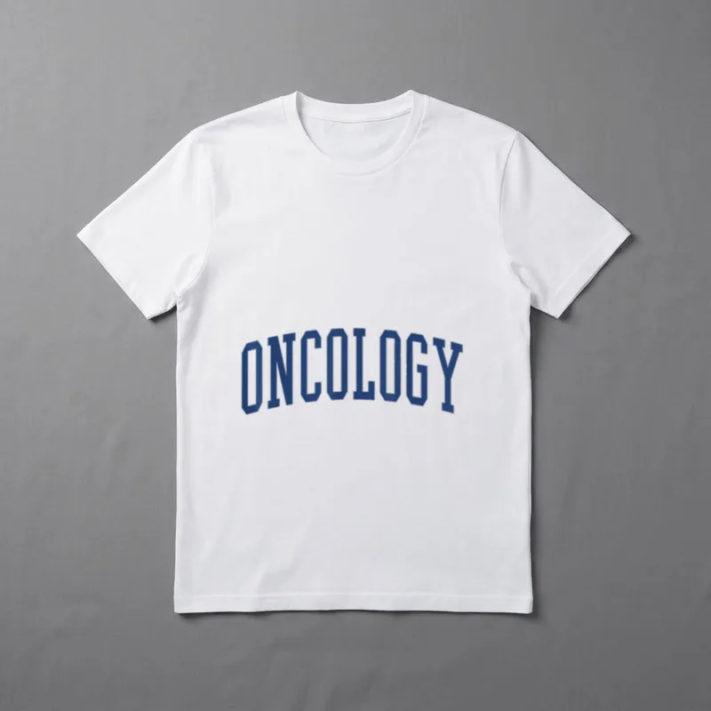 Oncology Nurse Varsity Style T-Shirt – Arched blue collegiate lettering spelling ONCOLOGY – Classic T-Shirt in Black