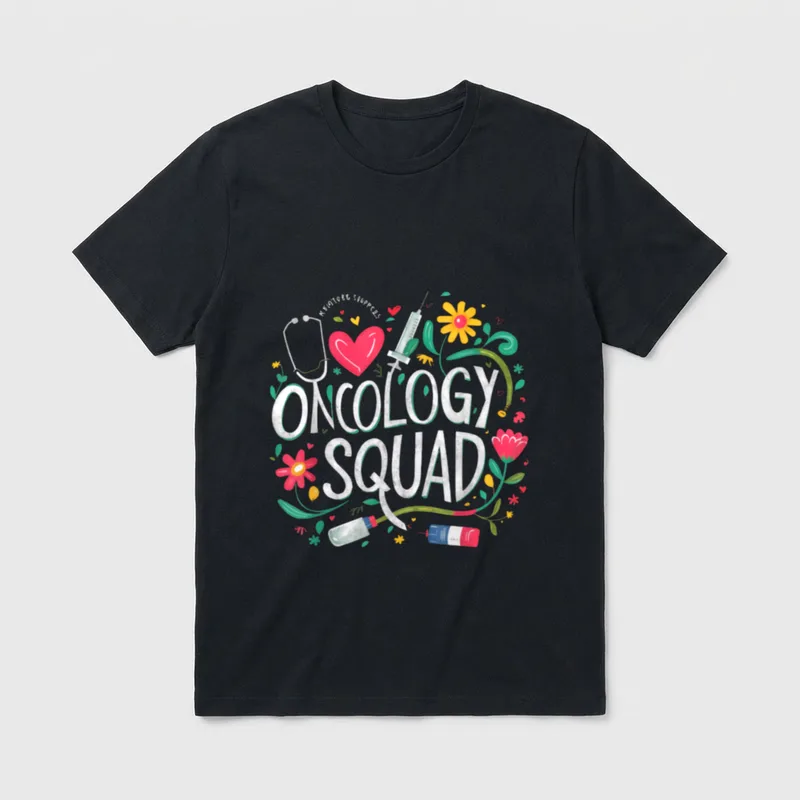 Oncology Squad Nurse Crew T-Shirt – ONCOLOGY SQUAD lettering with flowers and medical tools – Classic T-Shirt in Black