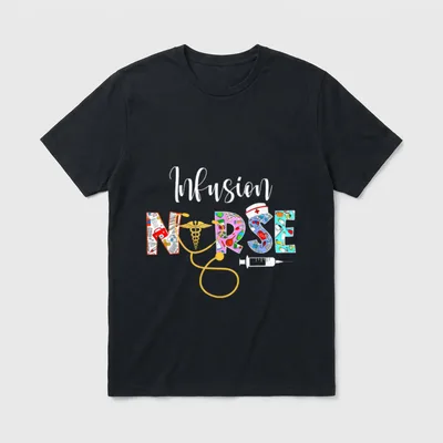 Black Adults Nurse T-Shirt – Infusion NURSE with medical doodles, stethoscope, and caduceus – Classic T-Shirt in Black