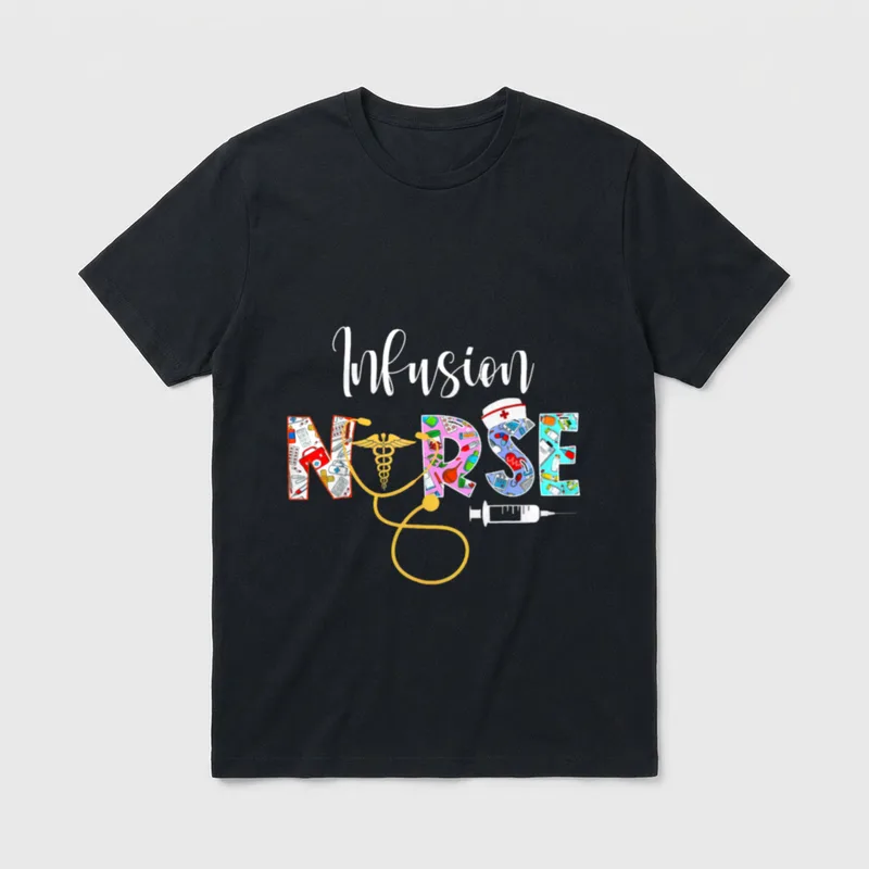 Black Adults Nurse T-Shirt – Infusion NURSE with medical doodles, stethoscope, and caduceus – Classic T-Shirt in Black