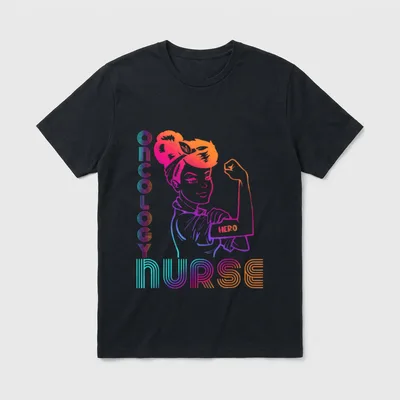 Vintage Oncology Nurse Cute RN T-Shirt – Woman flexing bicep with words ONCOLOGY, HERO, and NURSE – Classic T-Shirt in Black