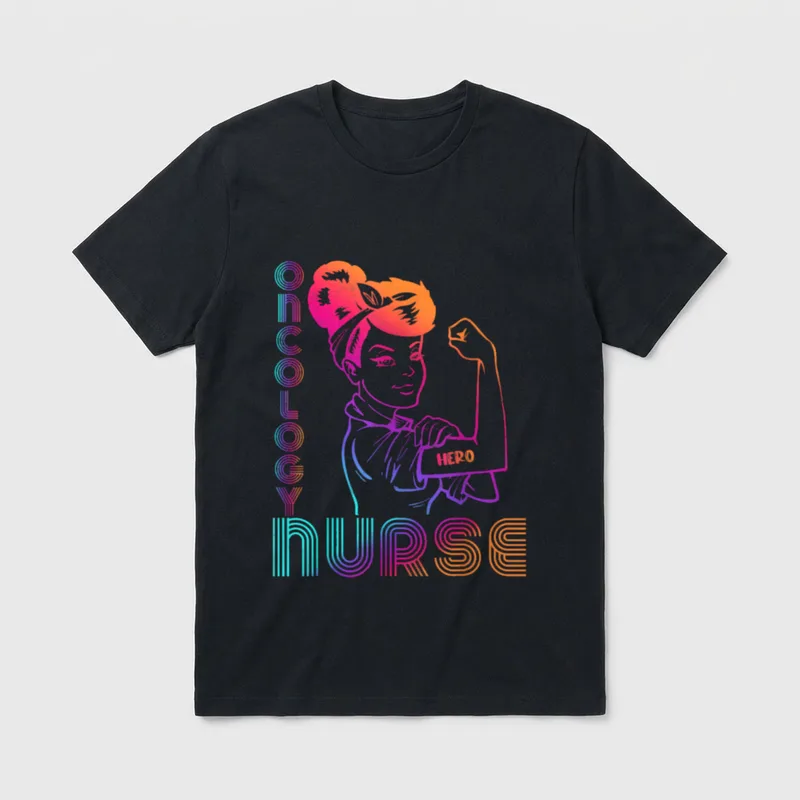 Vintage Oncology Nurse Cute RN T-Shirt – Woman flexing bicep with words ONCOLOGY, HERO, and NURSE – Classic T-Shirt in Black