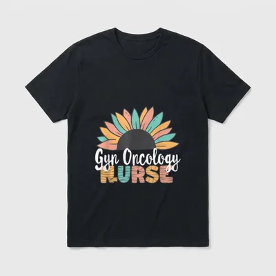 Gyn Oncology Nurse T-Shirt – A colorful half sunflower above Gyn Oncology NURSE lettering – Classic T-Shirt in Black
