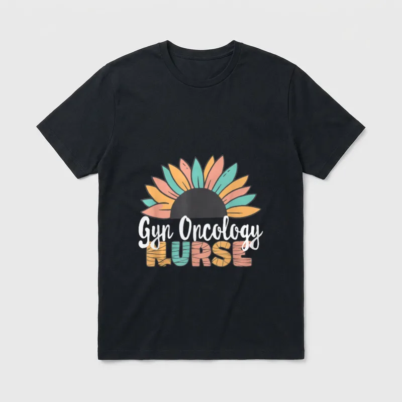 Gyn Oncology Nurse T-Shirt – A colorful half sunflower above Gyn Oncology NURSE lettering – Classic T-Shirt in Black