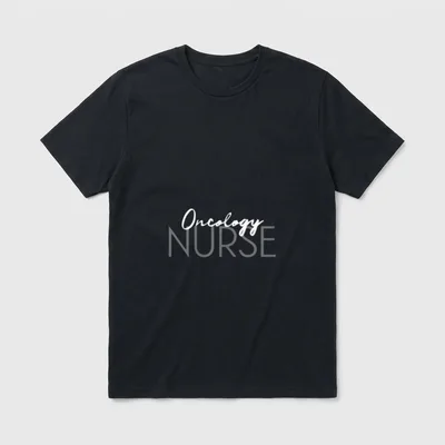 Oncology Nurse Registered T-Shirt – White cursive Oncology text over capital NURSE lettering – Classic T-Shirt in Black