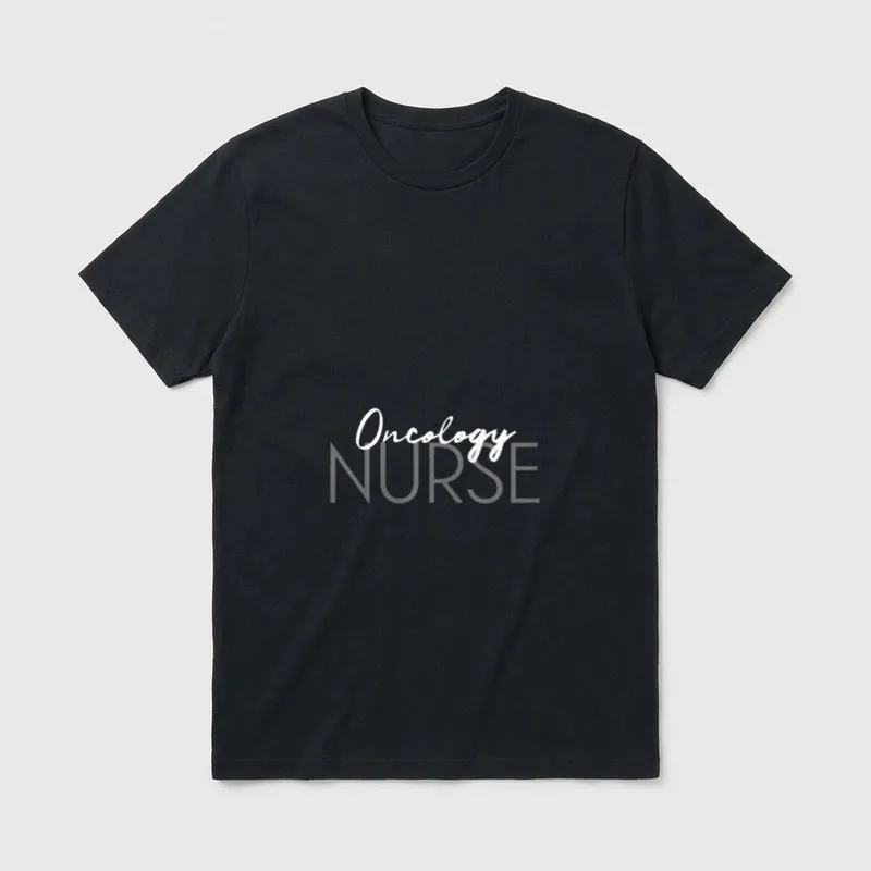 Oncology Nurse Registered T-Shirt – White cursive Oncology text over capital NURSE lettering – Classic T-Shirt in Black