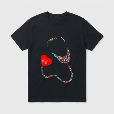 Doctor or Nurse T-Shirt – Stethoscope outline of medical icons with a red heartbeat graphic – Classic T-Shirt in Black