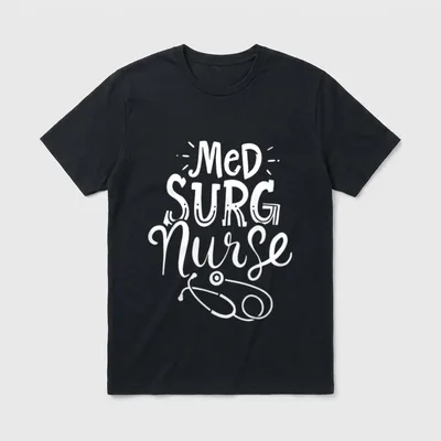 Medical Surgical Nurse T-Shirt – Hand-lettered MeD SURG Nurse text above a stethoscope – Classic T-Shirt in Black