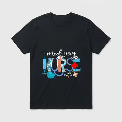 Med Surg Nurse Cute Nurses Week T-Shirt – med surg NURSE with stethoscope, syringe, and bandages – Classic T-Shirt in Black