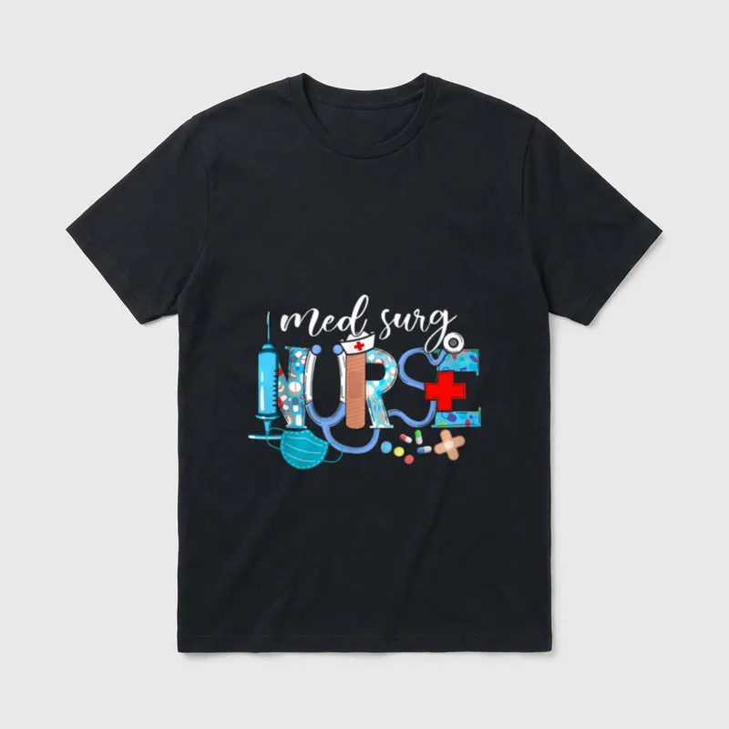 Med Surg Nurse Cute Nurses Week T-Shirt – med surg NURSE with stethoscope, syringe, and bandages – Classic T-Shirt in Black