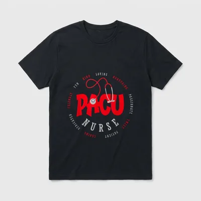 PACU Nurse Squad T-Shirt – Red PACU Nurse text with stethoscope and circular words – Classic T-Shirt in Black