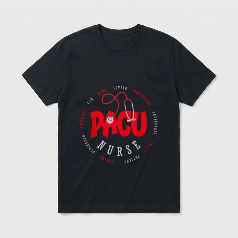 PACU Nurse Squad T-Shirt – Red PACU Nurse text with stethoscope and circular words – Classic T-Shirt in Black