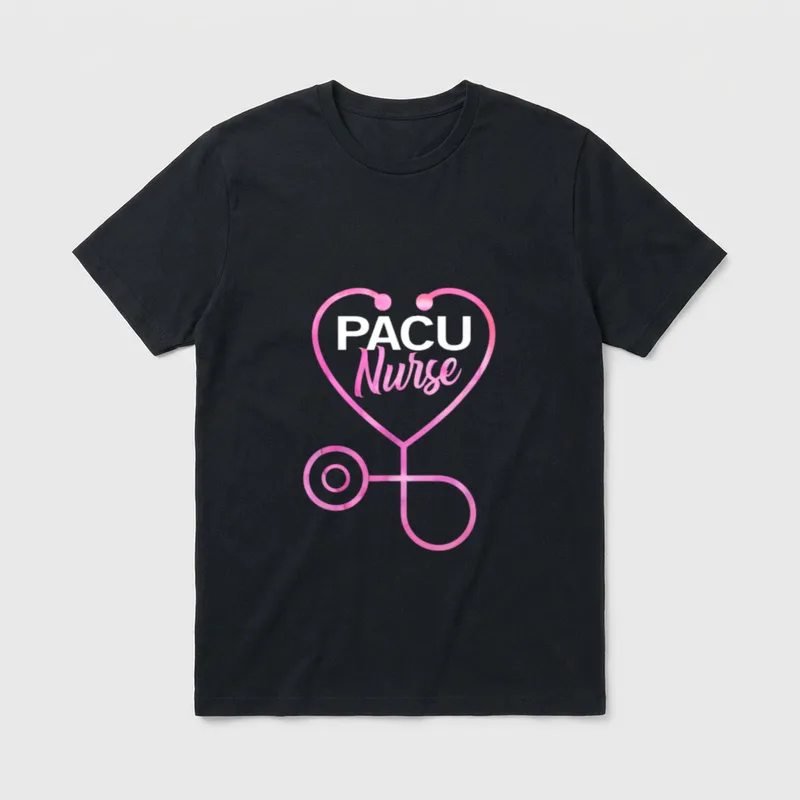 PACU Nurse Post-Anesthesia T-Shirt – PACU Nurse inside a pink stethoscope heart – Classic T-Shirt in Black