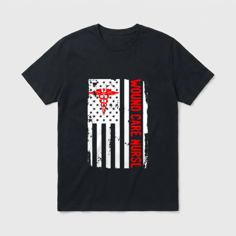Wound Care Nurse RN or American T-Shirt – Red WOUND CARE NURSE lettering with caduceus emblem – Classic T-Shirt in Black