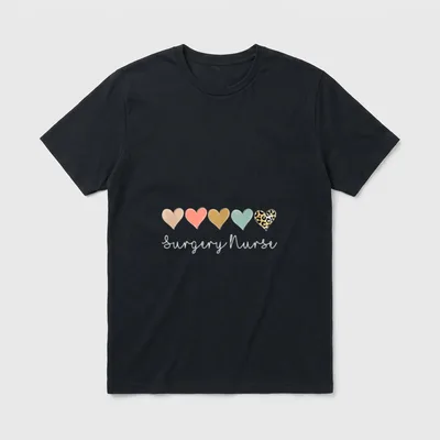 Surgery Nurse T-Shirt – Five hearts with leopard print above cursive Surgery Nurse text – Classic T-Shirt in Black
