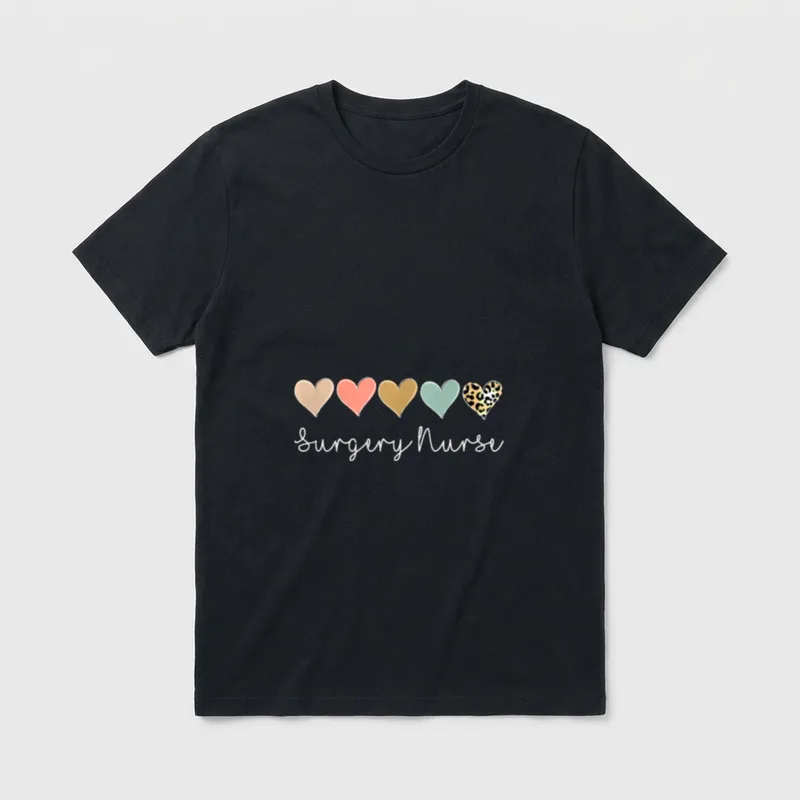 Surgery Nurse T-Shirt – Five hearts with leopard print above cursive Surgery Nurse text – Classic T-Shirt in Black