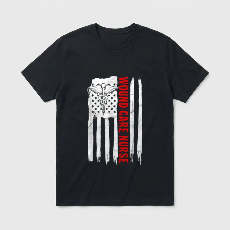 Wound Care Nurse RN or Flag T-Shirt – Distressed flag with caduceus and Wound Care Nurse text – Classic T-Shirt in Black