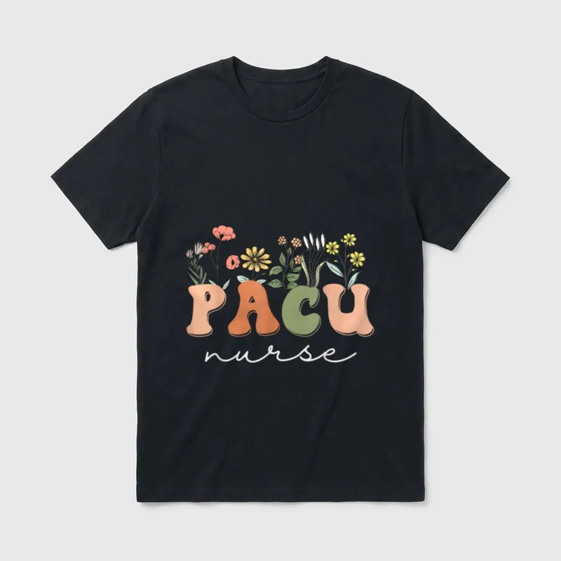 Pacu Nurse Wake Up T-Shirt – PACU nurse in retro lettering with wildflowers – Classic T-Shirt in Black