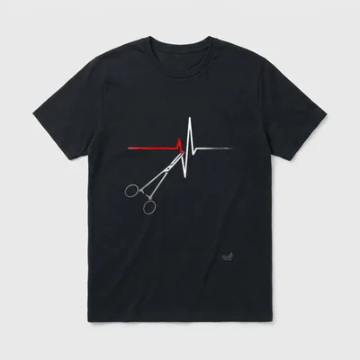Surgery Nurses Scrub Techs T-Shirt – Surgical hemostat clamping a heartbeat rhythm line – Classic T-Shirt in Black