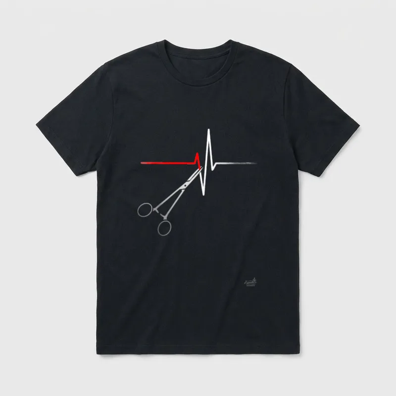 Surgery Nurses Scrub Techs T-Shirt – Surgical hemostat clamping a heartbeat rhythm line – Classic T-Shirt in Black