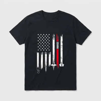 American Flag Nurse Shirt – Distressed American flag with nurse cap, syringe, and caduceus – Classic T-Shirt in Black