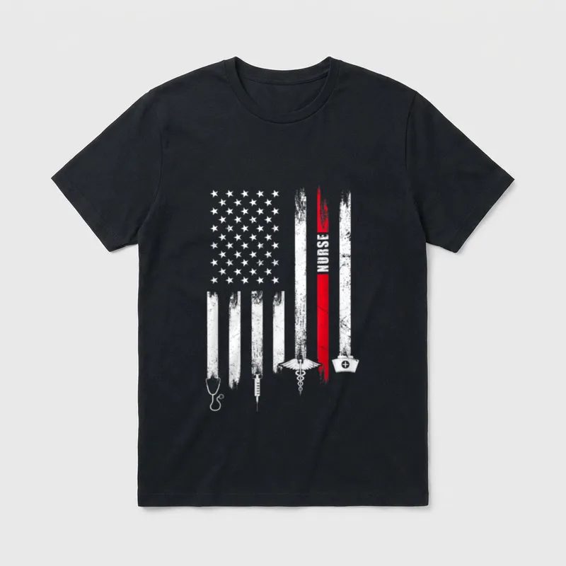 American Flag Nurse Shirt – Distressed American flag with nurse cap, syringe, and caduceus – Classic T-Shirt in Black
