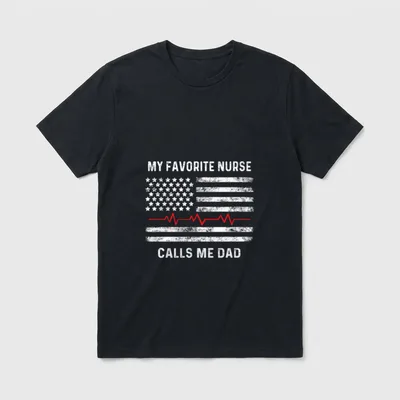 Proud Dad of a Nurse Shirt – Distressed American flag with red heartbeat line and nurse dad text – Classic T-Shirt in Black
