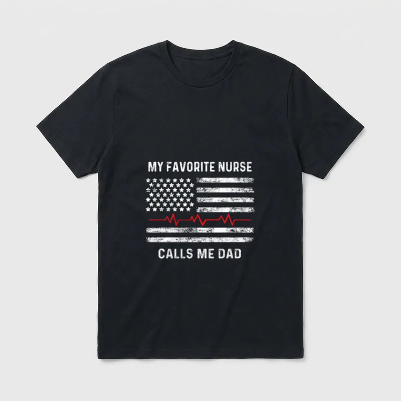 Proud Dad of a Nurse Shirt – Distressed American flag with red heartbeat line and nurse dad text – Classic T-Shirt in Black
