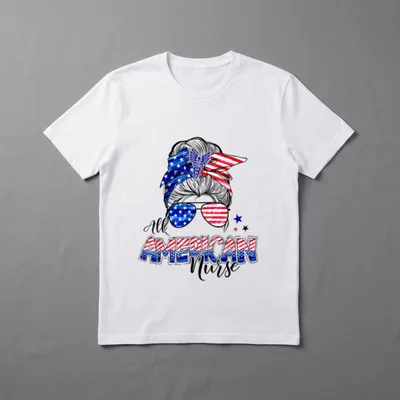 American Flag Patriotic Nurse Messy Bun T-Shirt – Classic T-Shirt in Black