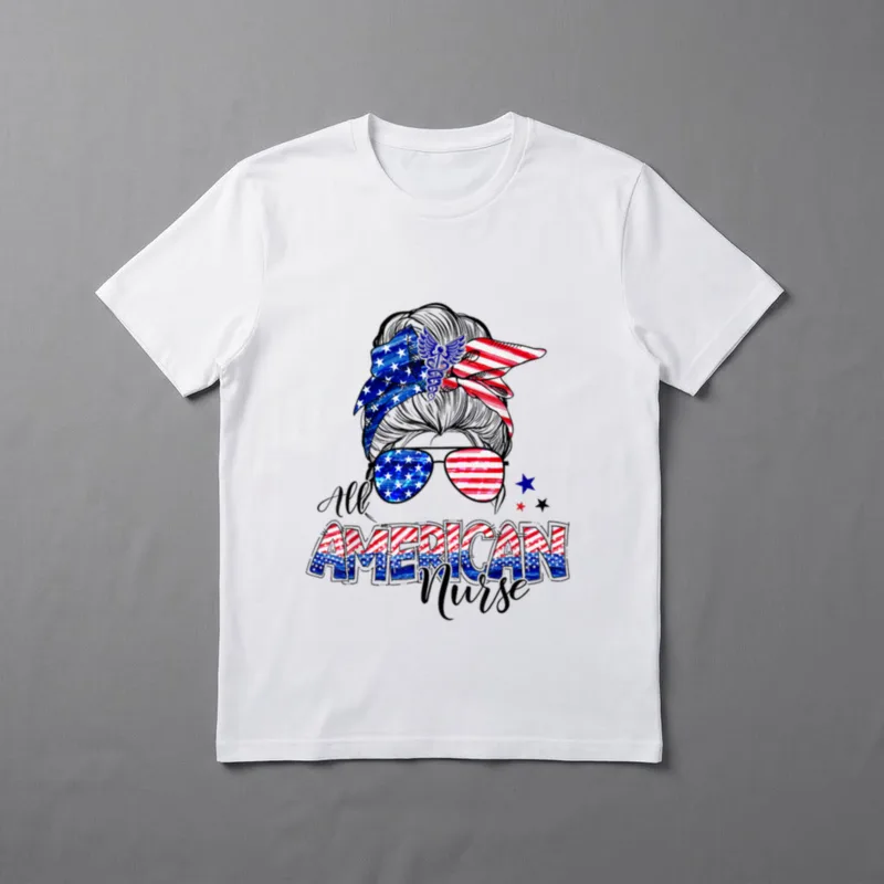 American Flag Patriotic Nurse Messy Bun T-Shirt – Classic T-Shirt in Black