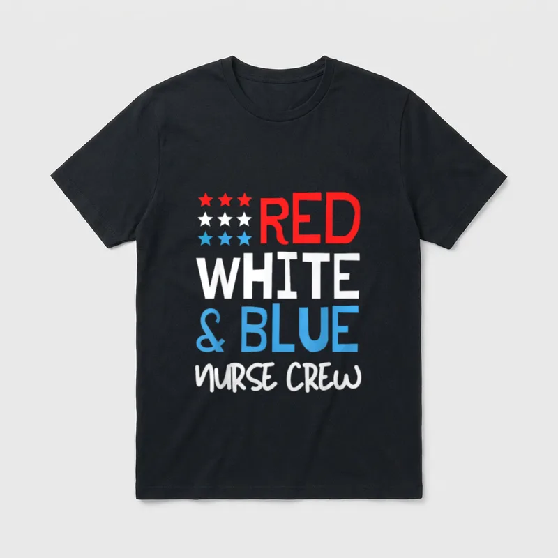 4th of July Nurse Crew T-Shirt – RED WHITE & BLUE NURSE CREW lettering with stars – Classic T-Shirt in Black