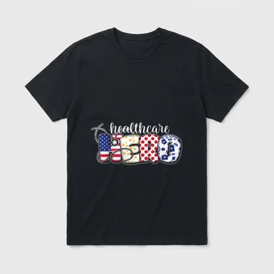 Healthcare Hero T-Shirt – Healthcare hero lettering with flag pattern and stethoscope – Classic T-Shirt in Black