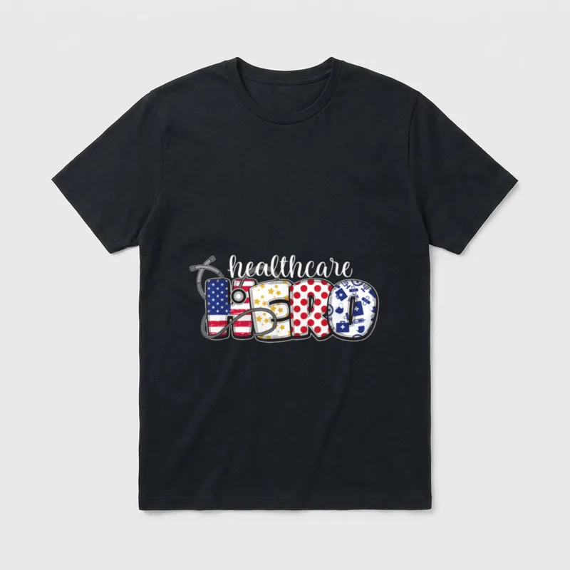 Healthcare Hero T-Shirt – Healthcare hero lettering with flag pattern and stethoscope – Classic T-Shirt in Black