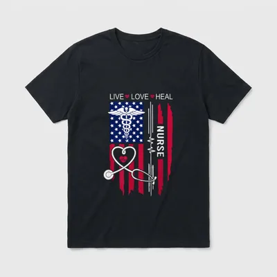 American Flag Nurse Day T-Shirt – LIVE LOVE HEAL and NURSE lettering on patriotic flag artwork – Classic T-Shirt in Black