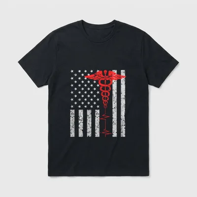 Nurse Caduceus T-Shirt – Distressed American flag with red caduceus and heartbeat pulse line – Classic T-Shirt in Black
