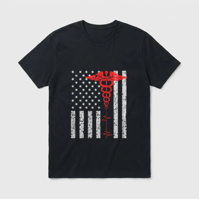 Nurse Caduceus T-Shirt – Distressed American flag with red caduceus and heartbeat pulse line – Classic T-Shirt in Black
